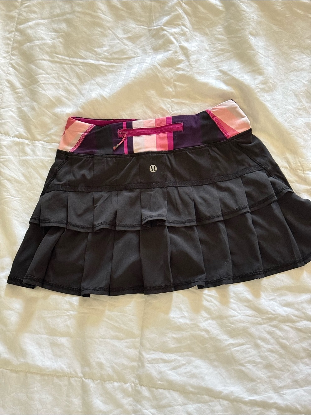 lululemon athletica Black Pleated Mini Skirt with Pink Stripe Waistband
